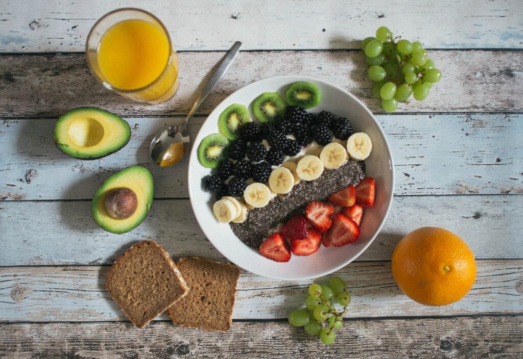 Breakfast foods laid out on table 