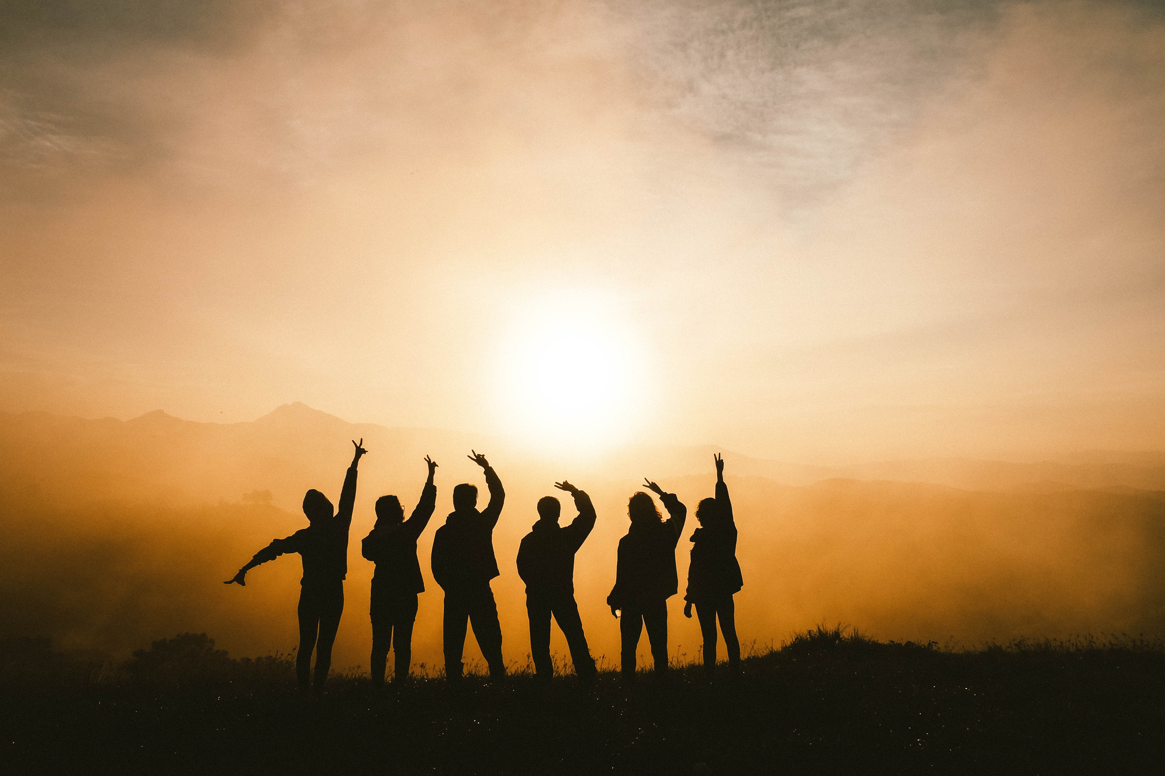 Group of friends standing in a field holding the peace sign